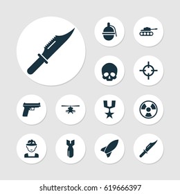 Army Icons Set. Collection Of Bombshell, Cranium, Weapons And Other Elements. Also Includes Symbols Such As Cutter, Soldier, Order.