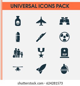 Army Icons Set. Collection Of Bombshell, Chopper, Cutter And Other Elements. Also Includes Symbols Such As Aircraft, Shot, Gong.