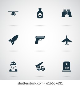 Army Icons Set. Collection Of Chopper, Weapons, Glass And Other Elements. Also Includes Symbols Such As Oficer, Ordnance, Zoom.