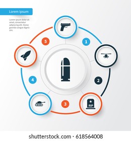 Army Icons Set. Collection Of Chopper, Weapons, Slug And Other Elements. Also Includes Symbols Such As Rip, Rocket, Bomb.