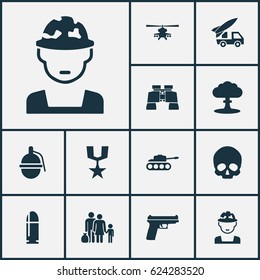 Army Icons Set. Collection Of Chopper, Atom, Bombshell And Other Elements. Also Includes Symbols Such As Helicopter, Tank, Panzer.