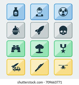 Army Icons Set. Collection Of Chopper, Bombshell, Danger And Other Elements. Also Includes Symbols Such As Atom, Grenade, Bio.