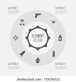 Army Icons Set. Collection Of Chopper, Bombshell, Military And Other Elements. Also Includes Symbols Such As Chopper, Fatal, Nuclear.