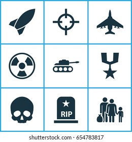 Army Icons Set. Collection Of Cranium, Rip, Dangerous And Other Elements. Also Includes Symbols Such As Gong, Target, Shot.