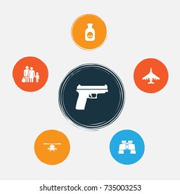 Army Icons Set. Collection Of Danger, Fugitive, Aircraft And Other Elements. Also Includes Symbols Such As Weapons, Aircraft, Bomber.