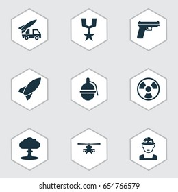Army Icons Set. Collection Of Dangerous, Missile, Ordnance And Other Elements. Also Includes Symbols Such As Soldier, Oficer, Bomb. Army Icons Set. Collection Of Dangerous, Missile, Ordnance And Other Elements. Also Includes Symbols Such As Soldier, Oficer, Bomb.