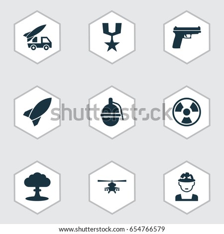 Army Icons Set. Collection Of Dangerous, Missile, Ordnance And Other Elements. Also Includes Symbols Such As Soldier, Oficer, Bomb.