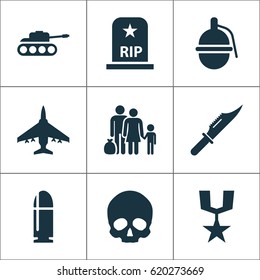 Army Icons Set. Collection Of Order, Fugitive, Aircraft And Other Elements. Also Includes Symbols Such As Knife, Grave, Aircraft.