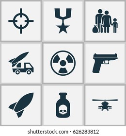 Army Icons Set. Collection Of Order, Danger, Ordnance And Other Elements. Also Includes Symbols Such As Rockets, Hazard, Rocket.