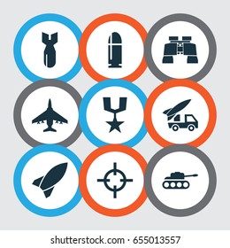 Army Icons Set. Collection Of Order, Ordnance, Slug And Other Elements. Also Includes Symbols Such As Aircraft, Glass, Dynamite.