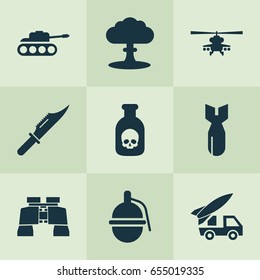 Army Icons Set. Collection Of Panzer, Rocket, Glass And Other Elements. Also Includes Symbols Such As Panzer, Grenade, Ordnance.
