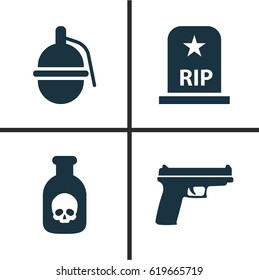 Army Icons Set. Collection Of Rip, Weapons, Bombshell And Other Elements. Also Includes Symbols Such As Danger, Nuclear, Tomb.