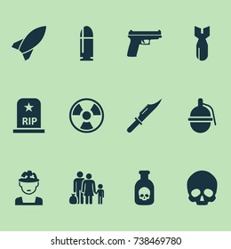Army Icons Set. Collection Of Rip, Fugitive, Weapons And Other Elements. Also Includes Symbols Such As Bullet, Refugee, Bomb.
