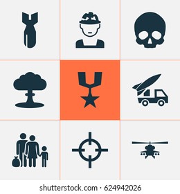 Army Icons Set. Collection Of Rocket, Target, Atom And Other Elements. Also Includes Symbols Such As Refugee, Soldier, Rocket.