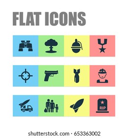 Army Icons Set. Collection Of Rocket, Military, Missile And Other Elements. Also Includes Symbols Such As Refugee, Military, Shot.
