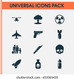 Army Icons Set. Collection Of Rocket, Cutter, Weapons And Other Elements. Also Includes Symbols Such As Fighter, Refugee, Fire.