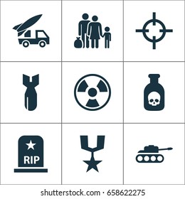 Army Icons Set. Collection Of Rocket, Panzer, Ordnance And Other Elements. Also Includes Symbols Such As Bio, Medal, Poison.