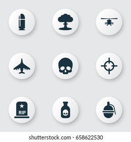 Army Icons Set. Collection Of Slug, Cranium, Aircraft And Other Elements. Also Includes Symbols Such As Danger, Tomb, Atom.