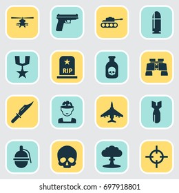 Army Icons Set. Collection Of Slug, Aircraft, Order And Other Elements. Also Includes Symbols Such As Glass, Nuclear, Mechanism.