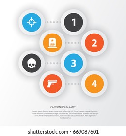 Army Icons Set. Collection Of Target, Weapons, Cranium And Other Elements. Also Includes Symbols Such As Rip, Grave, Head.