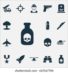 Army Icons Set. Collection Of Weapons, Aircraft, Ordnance And Other Elements. Also Includes Symbols Such As Fighter, Rockets, Head.