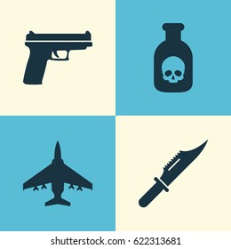 Army Icons Set. Collection Of Weapons, Aircraft, Cutter And Other Elements. Also Includes Symbols Such As Scalper, Cutter, Danger.