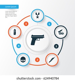 Army Icons Set. Collection Of Weapons, Ordnance, Order And Other Elements. Also Includes Symbols Such As Cranium, Scalper, Knife.