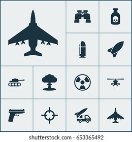 Army Icons Set. Collection Of Weapons, Chopper, Dangerous And Other Elements. Also Includes Symbols Such As Mechanism, Shot, Hazard.
