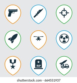 Army Icons Set. Collection Of Weapons, Chopper, Cutter And Other Elements. Also Includes Symbols Such As Fire, Bio, Cutter.