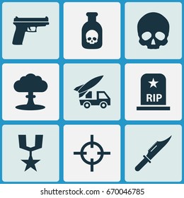 Army Icons Set. Collection Of Weapons, Target, Ordnance And Other Elements. Also Includes Symbols Such As Fire, Medal, Scalper.
