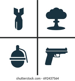 Army Icons Set. Collection Of Weapons, Atom, Rocket And Other Elements. Also Includes Symbols Such As Fire, Explosion, Atom.