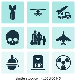 Army icons set with grenade, skull, artillery and other rocket elements. Isolated vector illustration army icons.