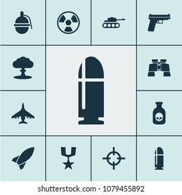 Army icons set with grenade, sniper, rocket and other target elements. Isolated vector illustration army icons.