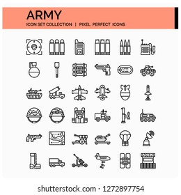 Army Icons Set. UI Pixel Perfect Well-crafted Vector Thin Line Icons. The illustrations are a vector.