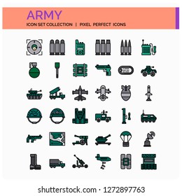 Army Icons Set. UI Pixel Perfect Well-crafted Vector Thin Line Icons. The illustrations are a vector.