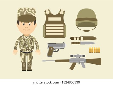 Army icons set vector design including guns, Armour, helmet and knife.