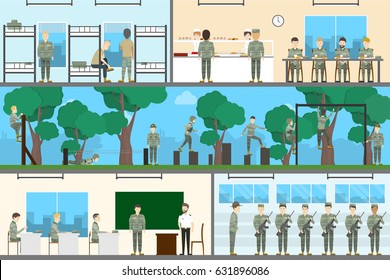 Army Interior Set. Soldiers With Officers On Military Base With Weapons. Stydy And Training.