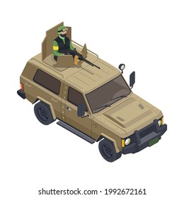 Army Isometric Icon With Military Road Transport And Armed Soldier 3d Vector Illustration