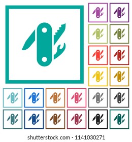 Army knife flat color icons with quadrant frames on white background