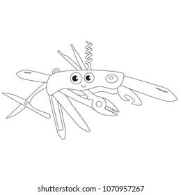Army Knife funny cartoon. Outlined colorless illustration with thin line black stroke
