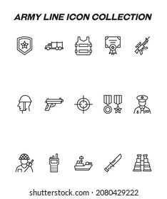 Army Line Icon Set. Set Of Modern High Quality Army Line Icons. Editable Stroke. Premiul Linear Symbols Of Military Emblem, Car, Bullet Proof Vest, Award, Orders, Target, Gun 

