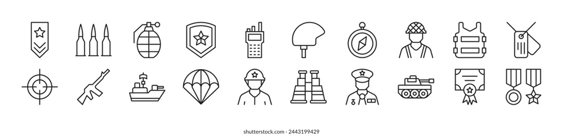 Army Line Icons collection. Editable stroke. Simple linear illustration for web sites, newspapers, articles book