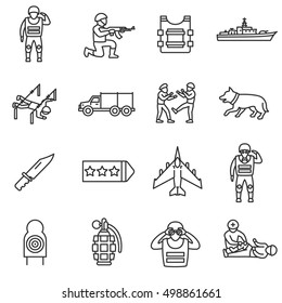 Army, Line Icons Set. Military Service, Symbols Collection. Servicemen. Training And Preparation Of Soldiers, Vector Linear Illustration