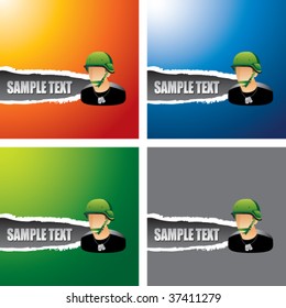 army man on multicolored ripped banner