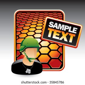 army man on orange hexagon banner
