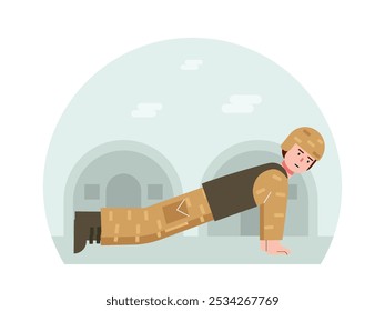 Army man in push up position, sport activity. Design character. Vector flat illustration