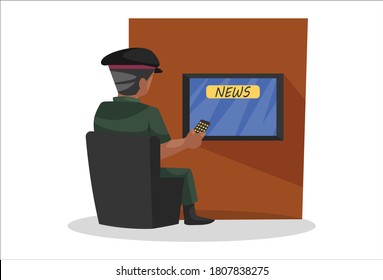 Army man is sitting on sofa and watching news on tv. Vector graphic illustration. Individually on a white background.