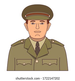 Army man soldier cartoon character .Military people,  An officer in uniform and a cap.Vector flat illustration isolated on white background.