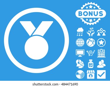 Army Medal icon with bonus images. Vector illustration style is flat iconic symbols, white color, blue background.