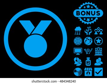 Army Medal icon with bonus pictogram. Vector illustration style is flat iconic symbols, blue color, black background.